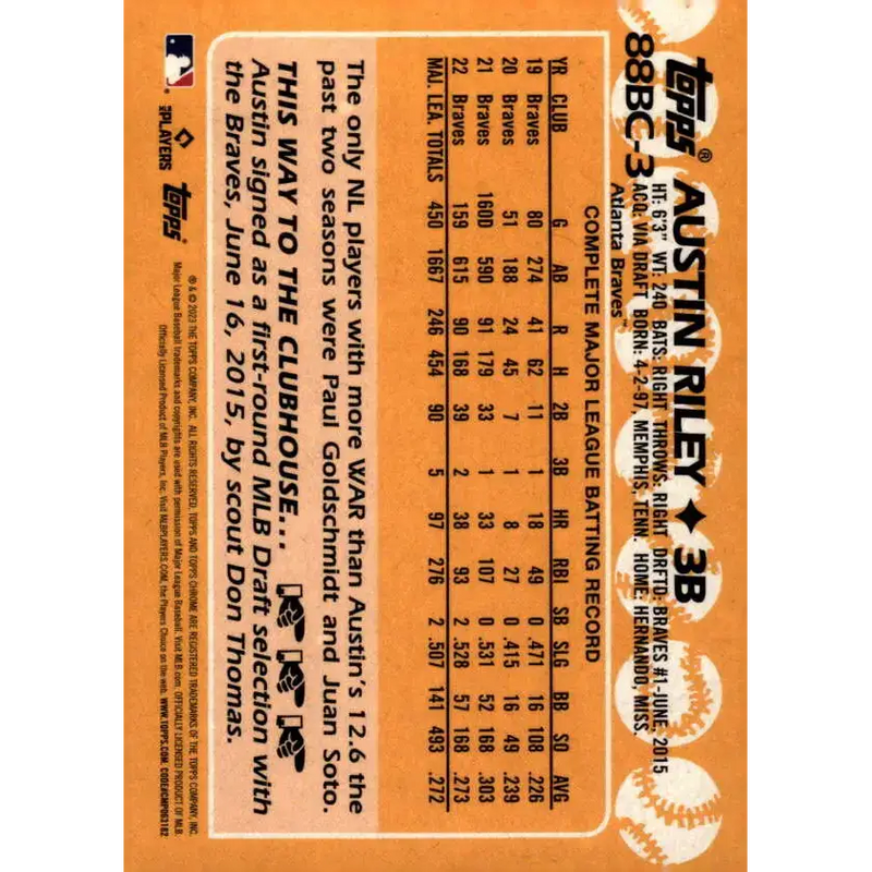 2023 Topps Chrome 1988 Baseball Refractor #88BC-3 Austin Riley NM-MT Atlanta Braves Baseball Card - Baseball Card Single