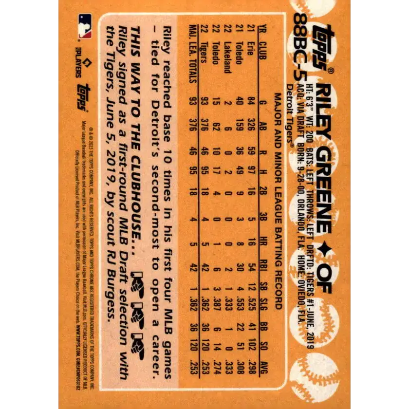 2023 Topps Chrome 1988 Baseball Refractor #88BC-5 Riley Greene NM-MT Detroit Tigers Baseball Card - Baseball Card Single