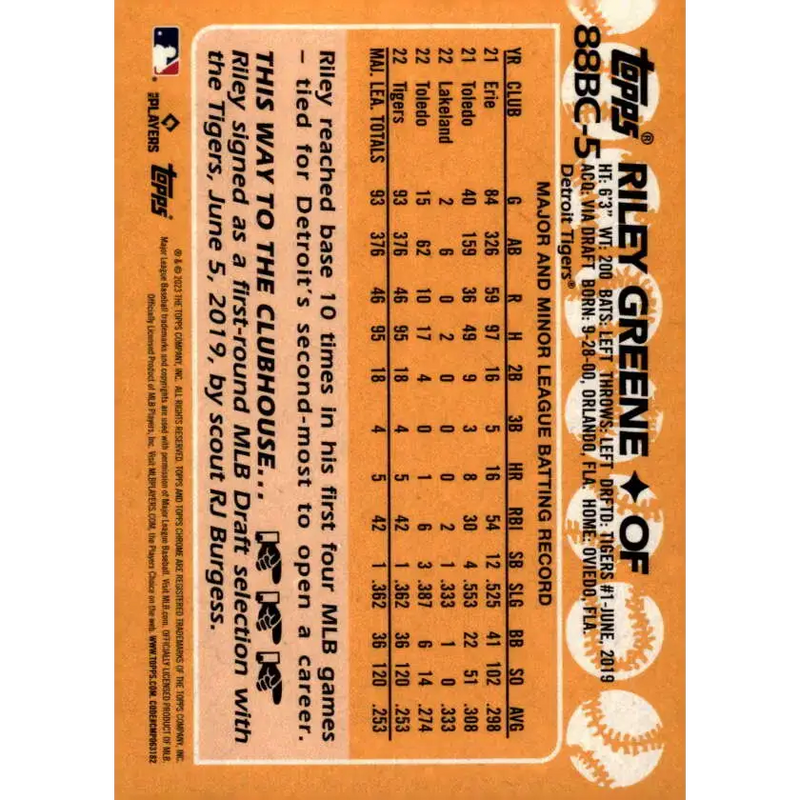 2023 Topps Chrome 1988 Baseball Refractor #88BC-5 Riley Greene NM-MT Detroit Tigers Baseball Card - Baseball Card Single