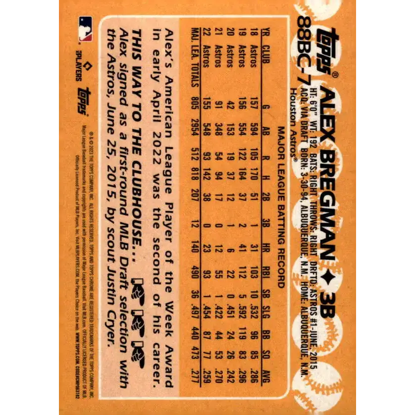 2023 Topps Chrome 1988 Baseball Refractor #88BC-7 Alex Bregman NM-MT Houston Astros Baseball Card - Baseball Card Single