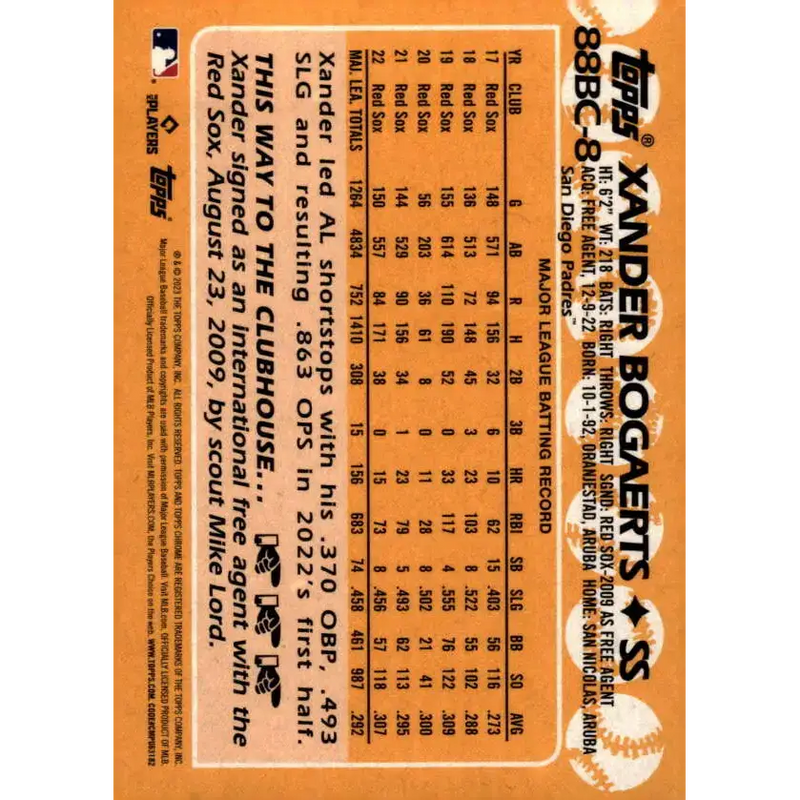 2023 Topps Chrome 1988 Baseball Refractor #88BC-8 Xander Bogaerts NM-MT San Diego Padres Baseball Card - Baseball Card