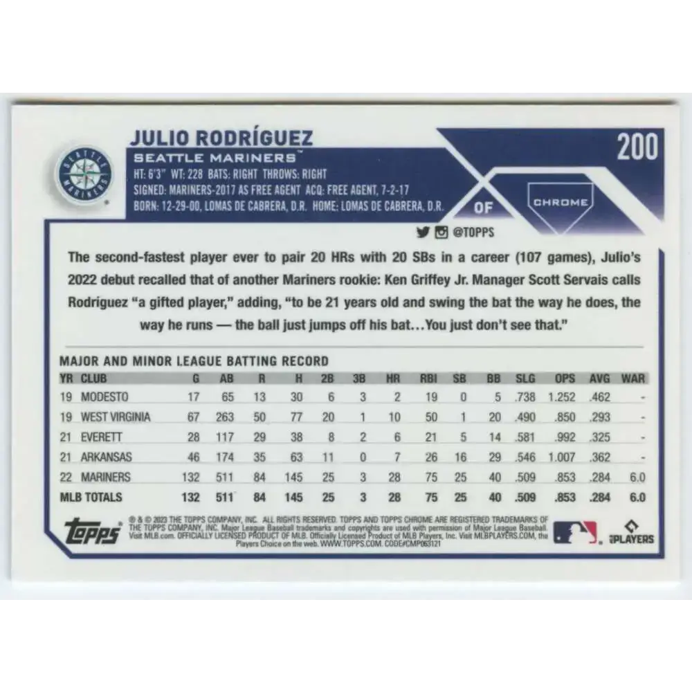 2023 Topps Chrome #200 Julio Rodriguez NM-MT Seattle Mariners Baseball Card - Baseball Card Single
