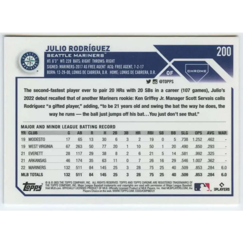 2023 Topps Chrome #200 Julio Rodriguez NM-MT Seattle Mariners Baseball Card - Baseball Card Single