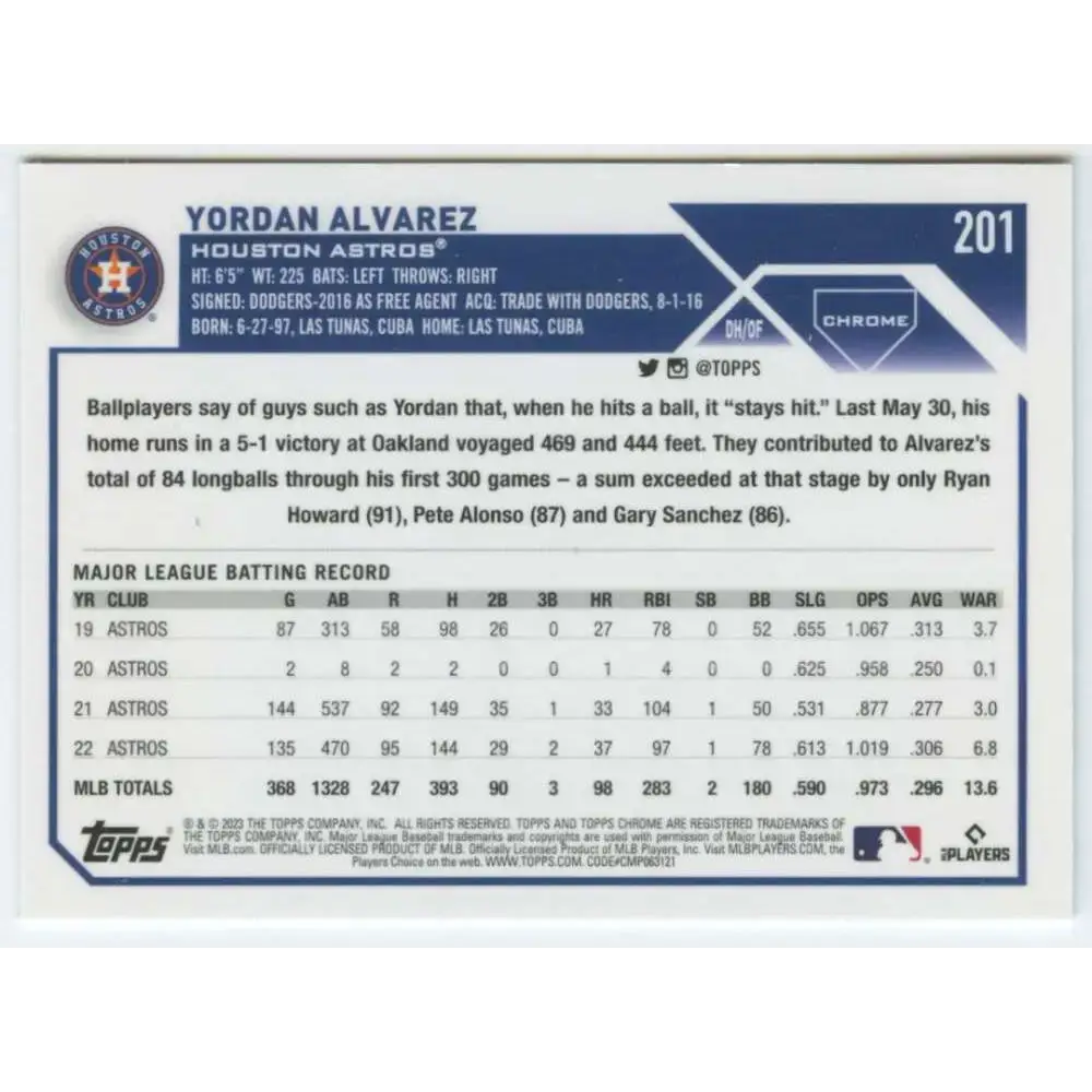 2023 Topps Chrome #201 Yordan Alvarez NM-MT Houston Astros Baseball Card - Baseball Card Single