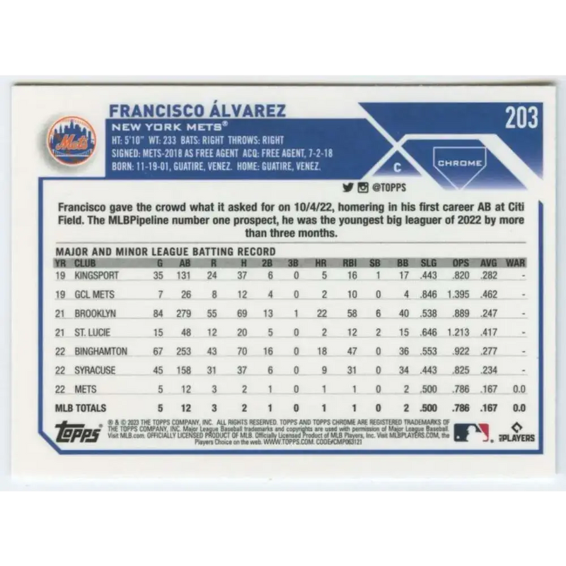 2023 Topps Chrome #203 Francisco Alvarez NM-MT RC Rookie New York Mets Baseball Card - Baseball Card Single