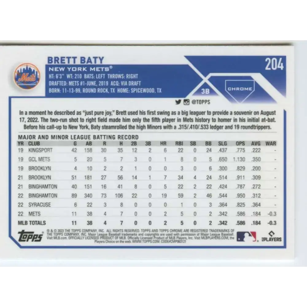 2023 Topps Chrome #204 Brett Baty NM-MT RC Rookie New York Mets Baseball Card - Baseball Card Single