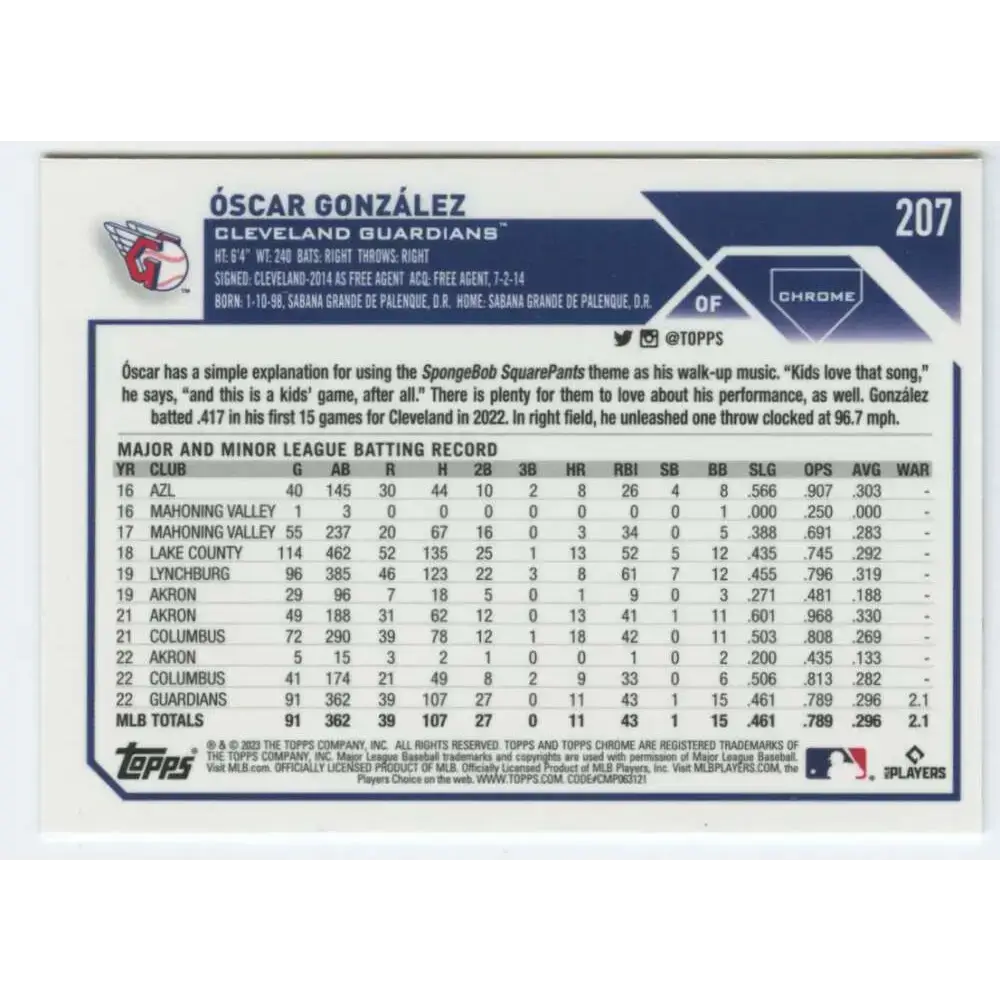 2023 Topps Chrome #207 Oscar Gonzalez NM-MT RC Rookie Cleveland Guardians Baseball Card - Baseball Card Single