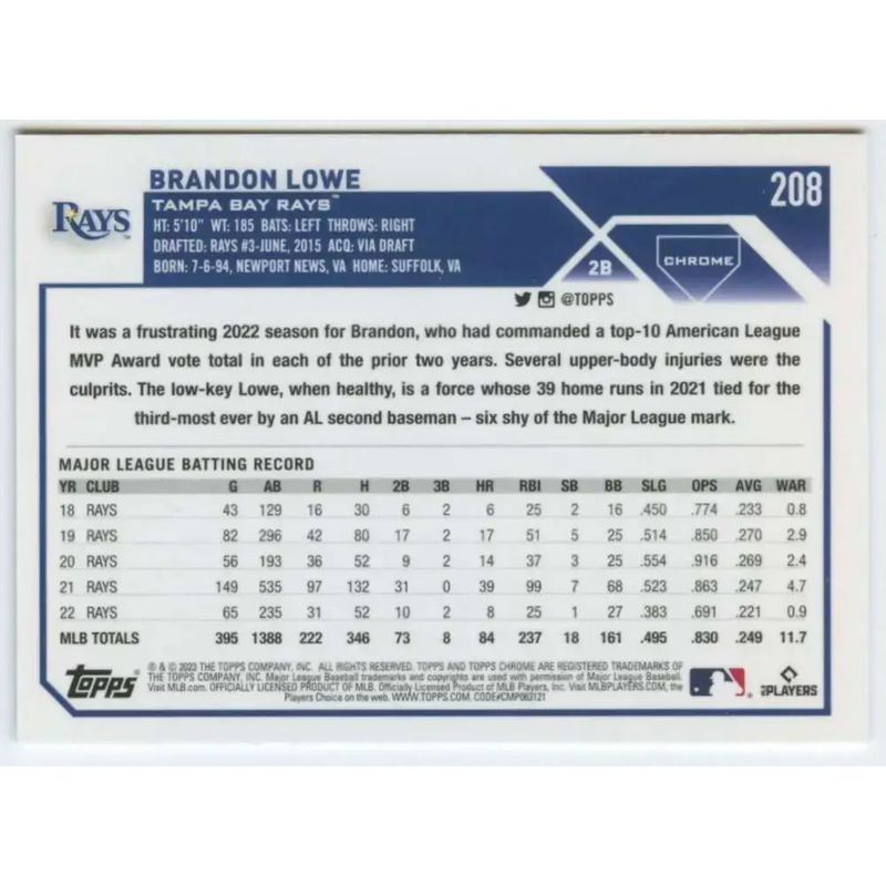 2023 Topps Chrome #208 Brandon Lowe NM-MT Tampa Bay Rays Baseball Card - Baseball Card Single
