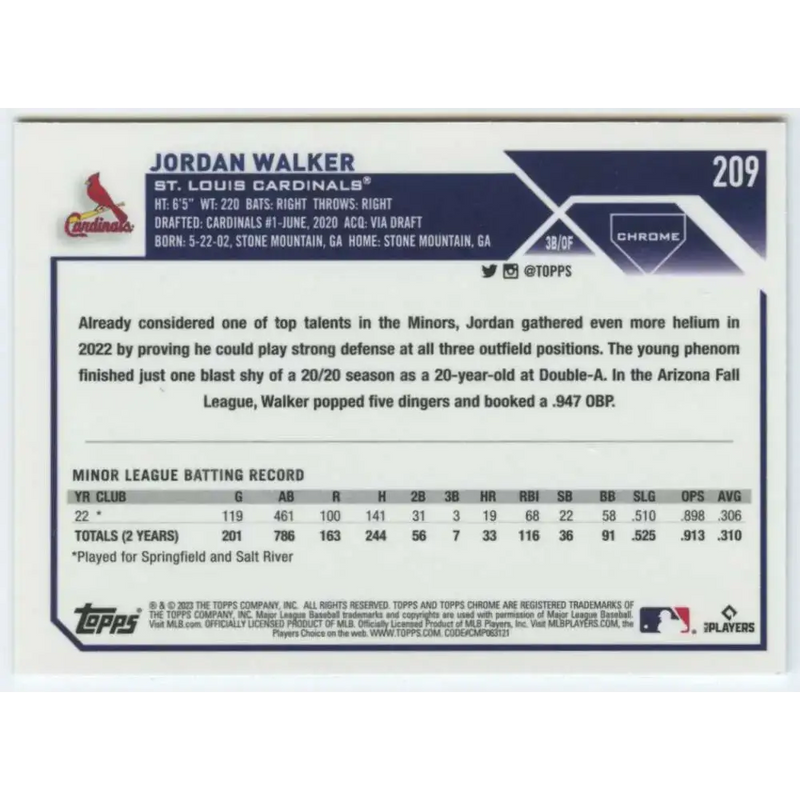 2023 Topps Chrome #209 Jordan Walker NM-MT RC Rookie St. Louis Cardinals Baseball Card - Baseball Card Single