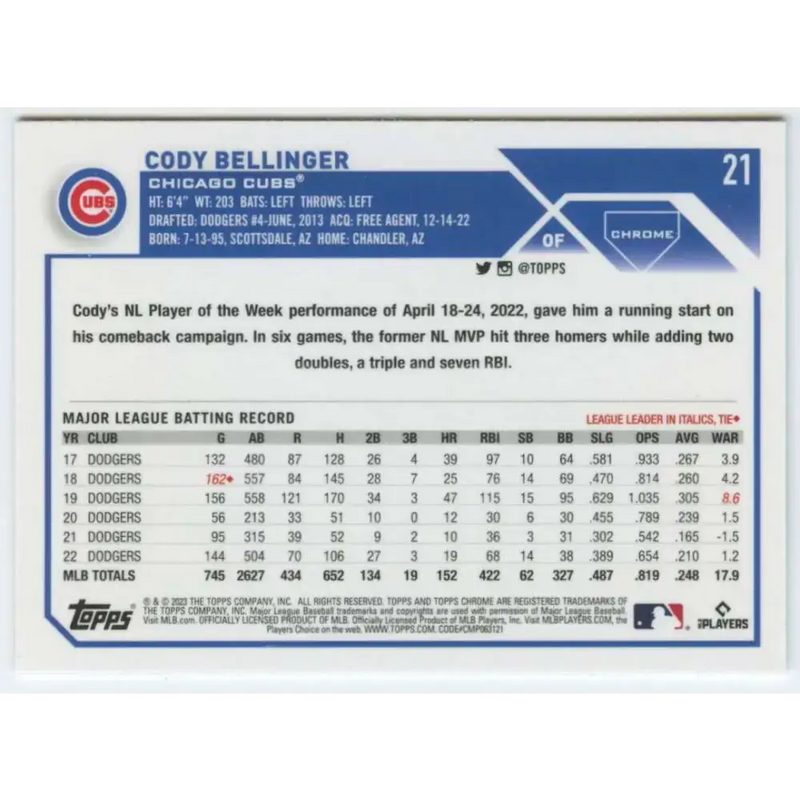 2023 Topps Chrome #21 Cody Bellinger NM-MT Chicago Cubs Baseball Card - Baseball Card Single