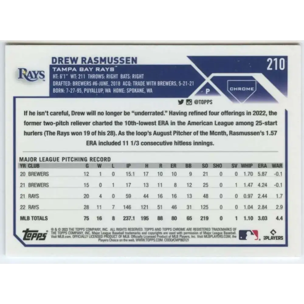 2023 Topps Chrome #210 Drew Rasmussen NM-MT Tampa Bay Rays Baseball Card - Baseball Card Single