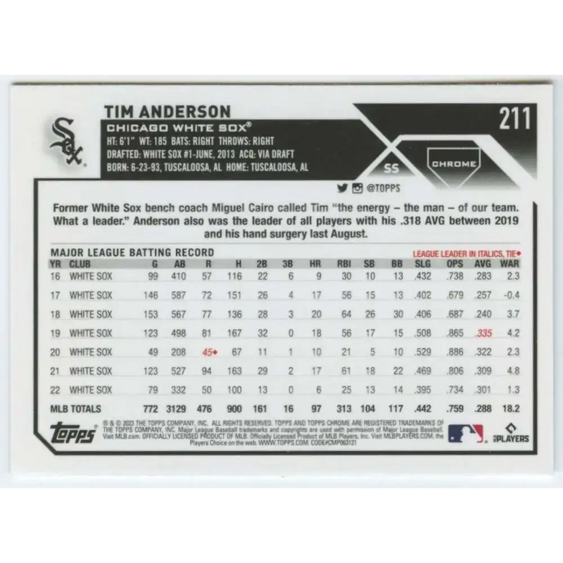 2023 Topps Chrome #211 Tim Anderson NM-MT Chicago White Sox Baseball Card - Baseball Card Single