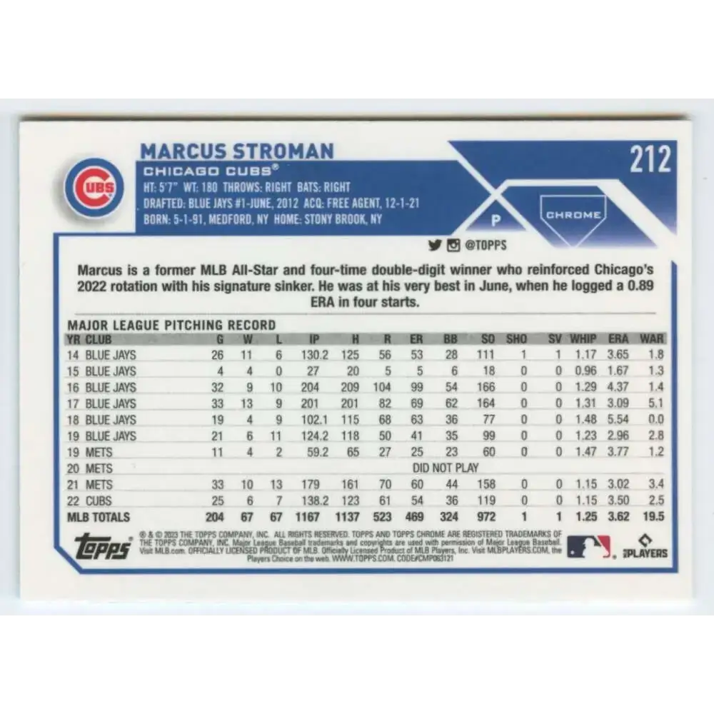 2023 Topps Chrome #212 Marcus Stroman NM-MT Chicago Cubs Baseball Card - Baseball Card Single