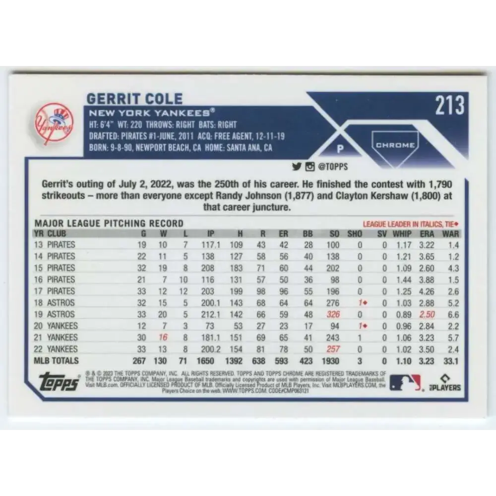 2023 Topps Chrome #213 Gerrit Cole NM-MT New York Yankees Baseball Card - Baseball Card Single