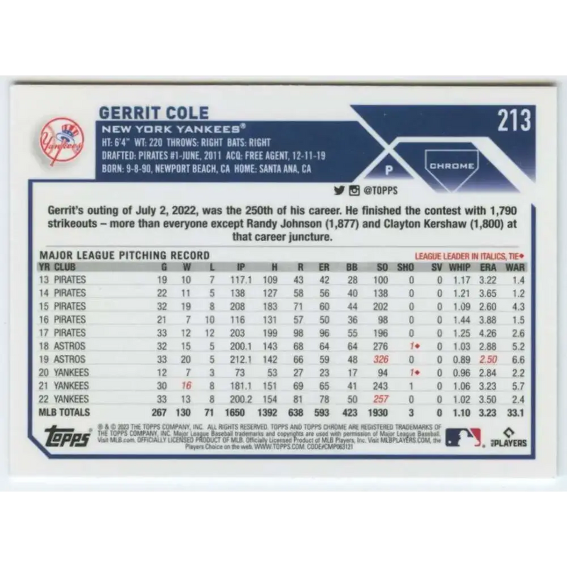 2023 Topps Chrome #213 Gerrit Cole NM-MT New York Yankees Baseball Card - Baseball Card Single