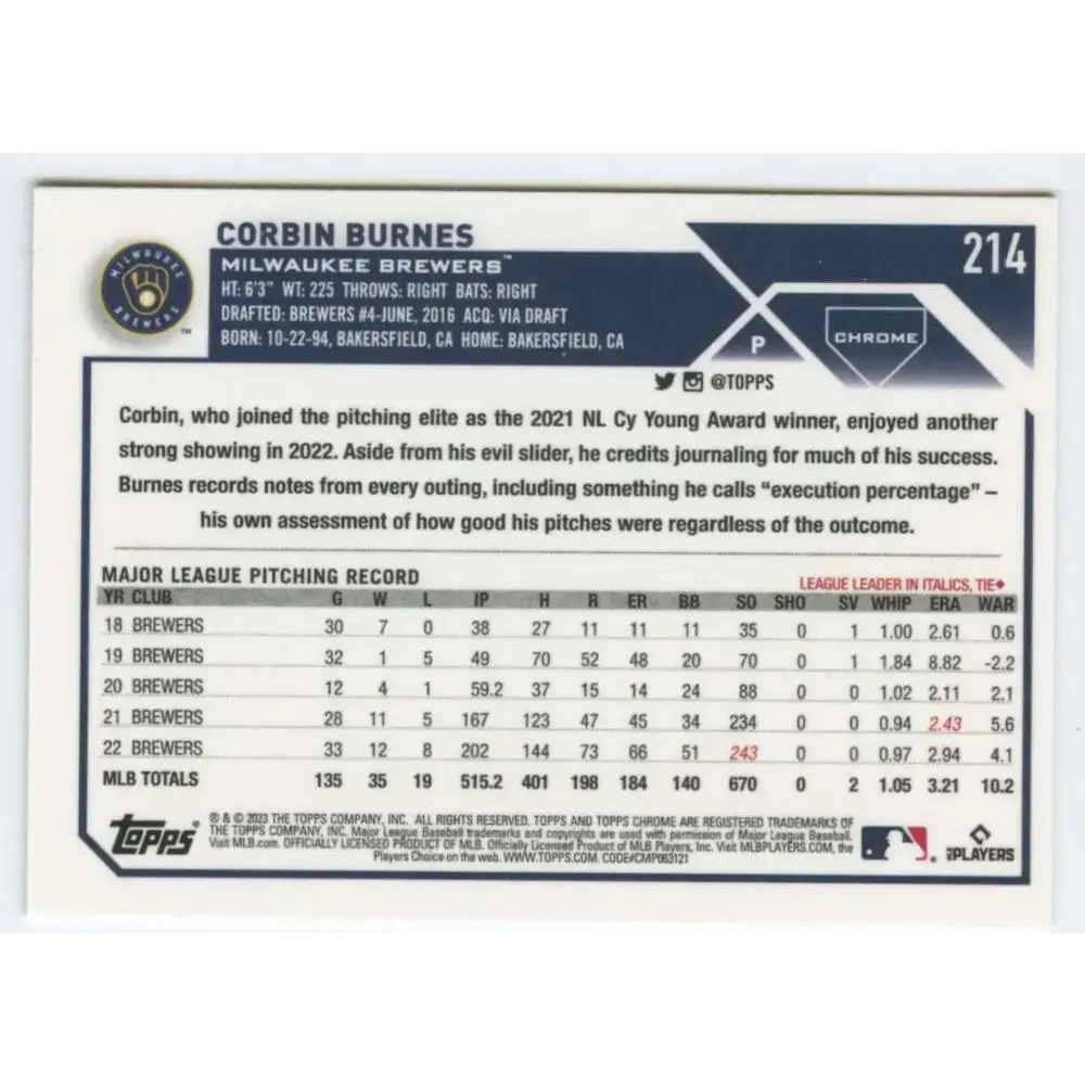 2023 Topps Chrome #214 Corbin Burnes NM-MT Milwaukee Brewers Baseball Card - Baseball Card Single
