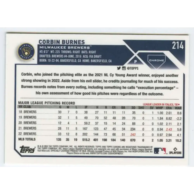 2023 Topps Chrome #214 Corbin Burnes NM-MT Milwaukee Brewers Baseball Card - Baseball Card Single