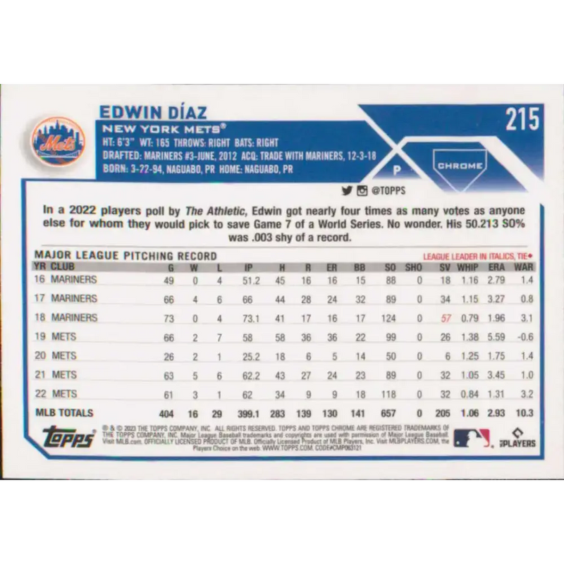 2023 Topps Chrome #215 Edwin Diaz NM-MT New York Mets Baseball Card - Baseball Card Single
