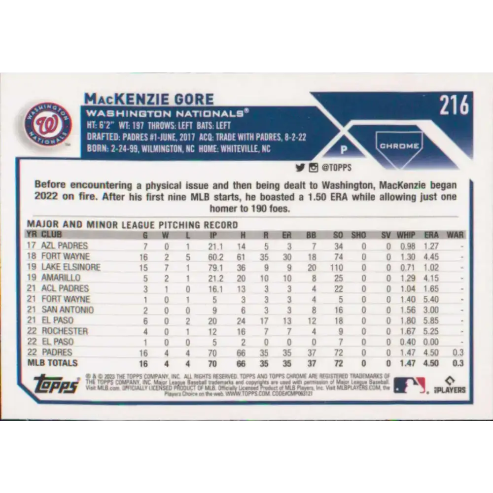 2023 Topps Chrome #216 MacKenzie Gore NM-MT Washington Nationals Baseball Card - Baseball Card Single
