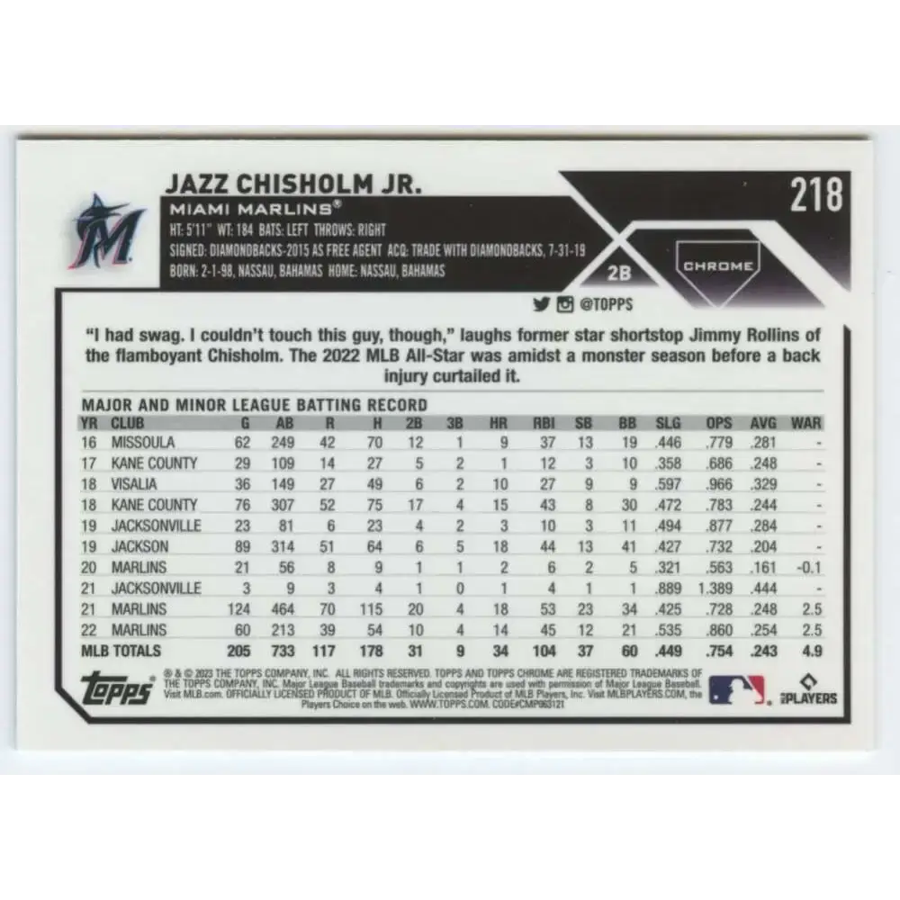 2023 Topps Chrome #218 Jazz Chisholm Jr. NM-MT Miami Marlins Baseball Card - Baseball Card Single