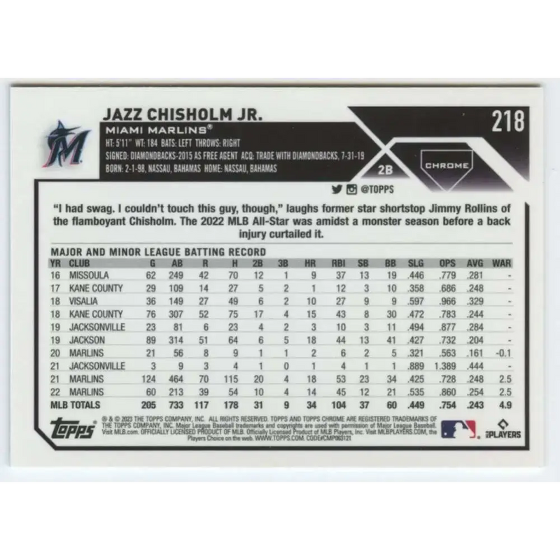 2023 Topps Chrome #218 Jazz Chisholm Jr. NM-MT Miami Marlins Baseball Card - Baseball Card Single