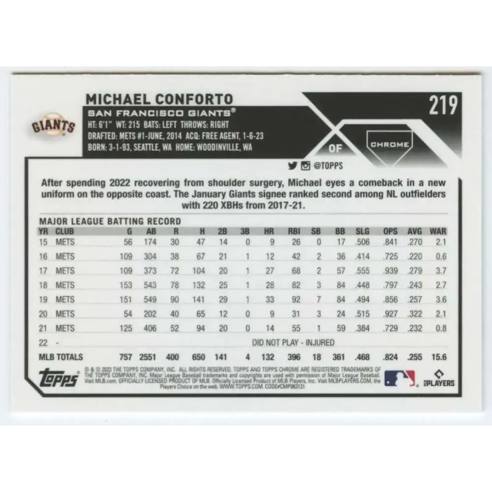 2023 Topps Chrome #219 Michael Conforto NM-MT San Francisco Giants Baseball Card - Baseball Card Single