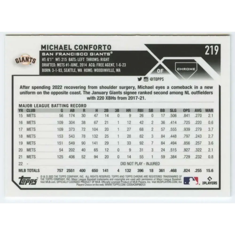 2023 Topps Chrome #219 Michael Conforto NM-MT San Francisco Giants Baseball Card - Baseball Card Single