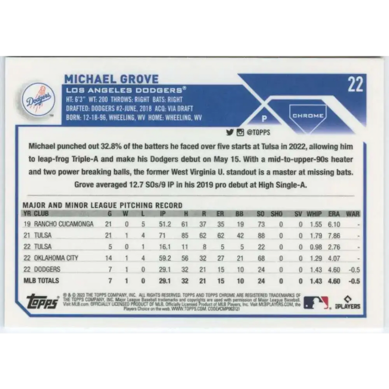 2023 Topps Chrome #22 Michael Grove NM-MT RC Rookie Los Angeles Dodgers Baseball Card - Baseball Card Single