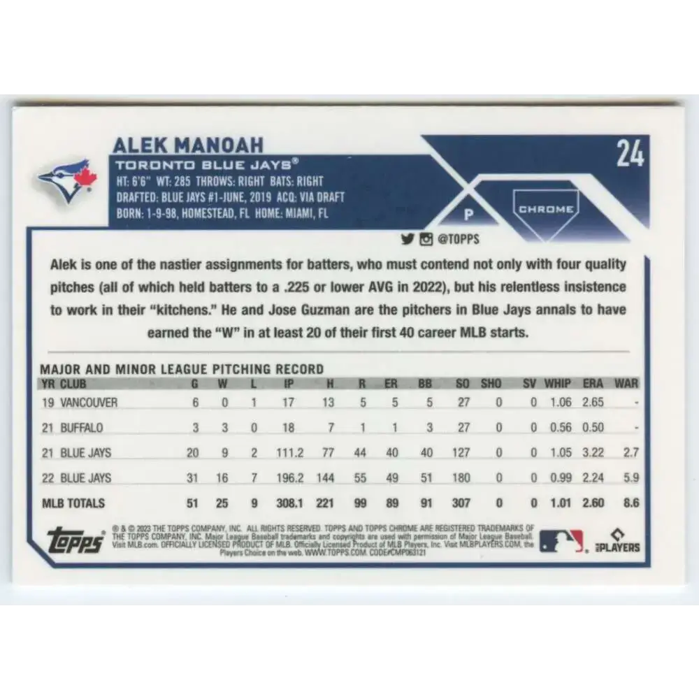 2023 Topps Chrome #24 Alek Manoah NM-MT Toronto Blue Jays Baseball Card - Baseball Card Single