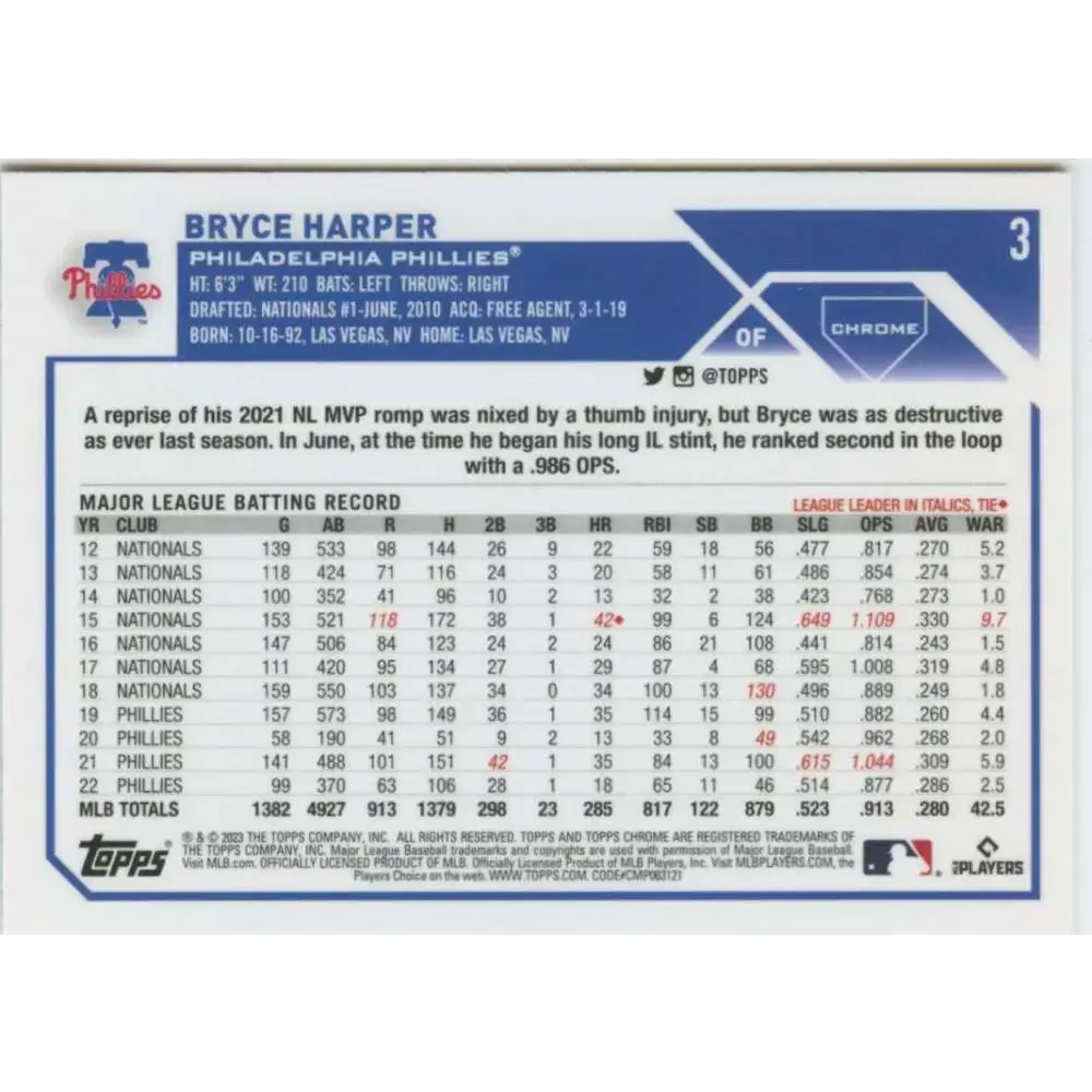 2023 Topps Chrome #3 Bryce Harper NM-MT Philadelphia Phillies Baseball Card - Baseball Card Single
