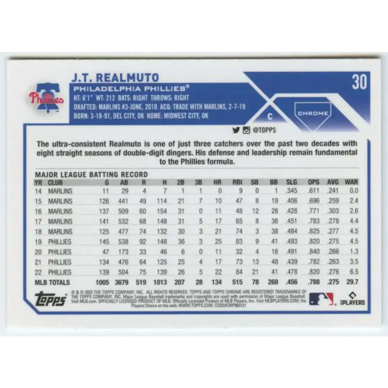 2023 Topps Chrome #30 J.T. Realmuto NM-MT Philadelphia Phillies Baseball Card - Baseball Card Single