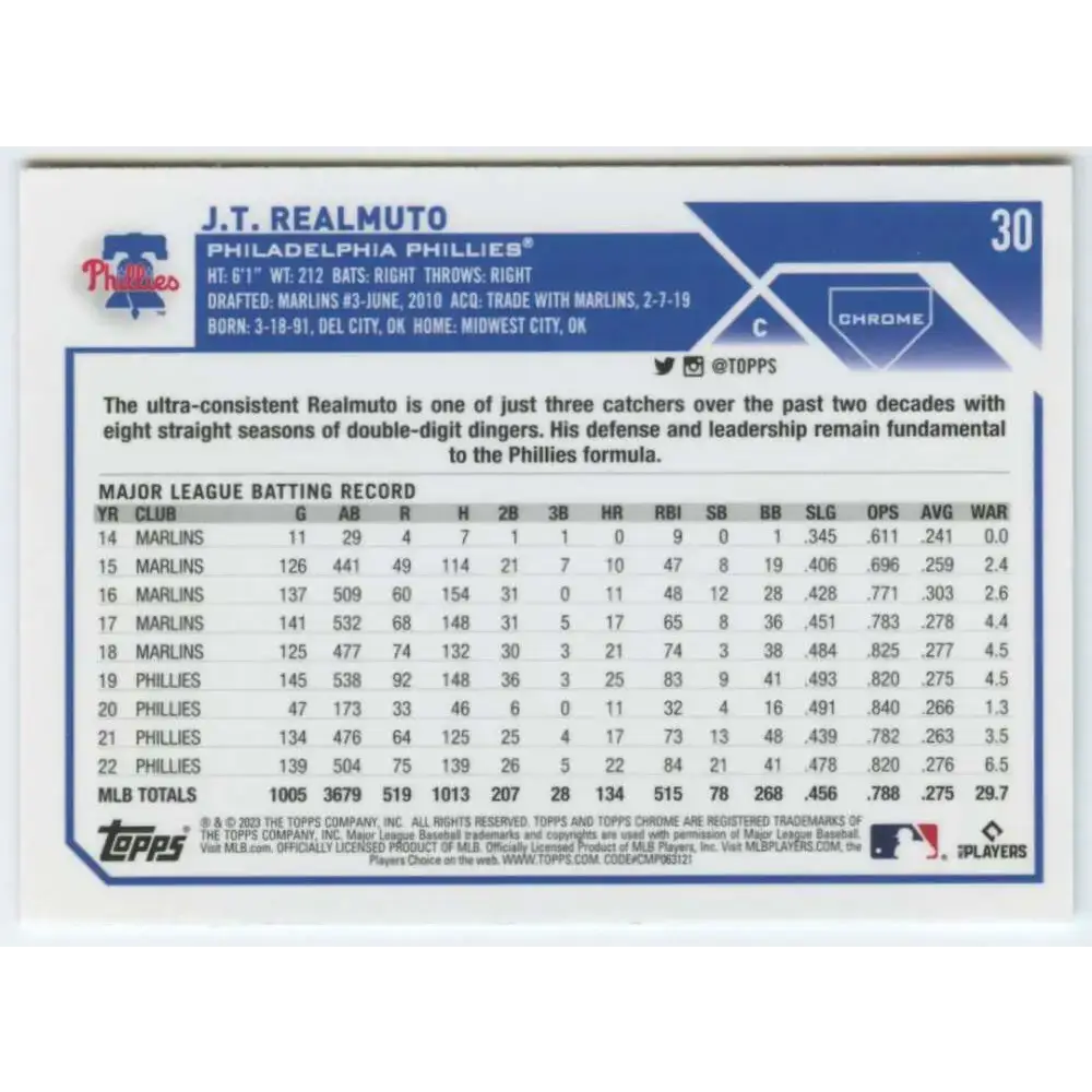 2023 Topps Chrome #30 J.T. Realmuto NM-MT Philadelphia Phillies Baseball Card - Baseball Card Single