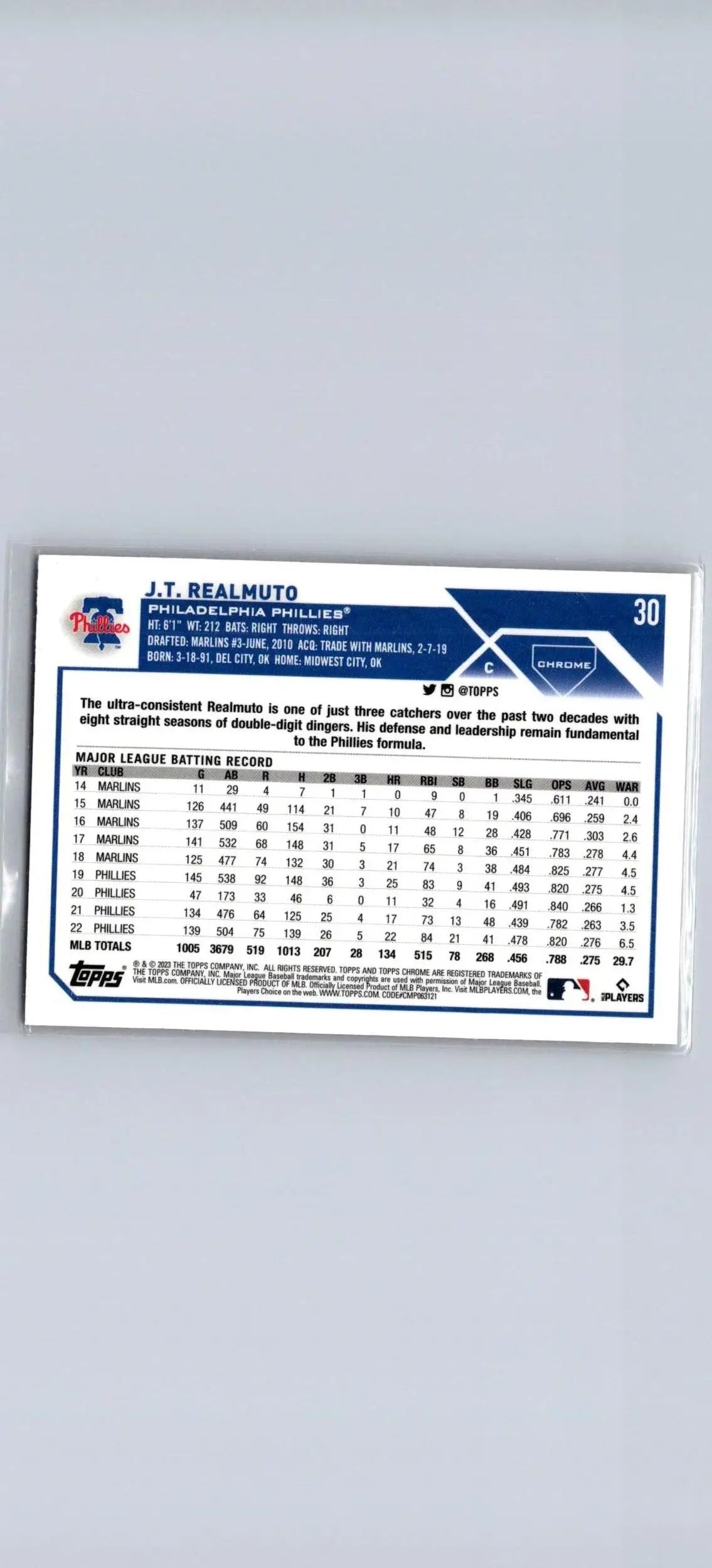 Baseball card featuring 2023 Topps Chrome J.T. Realmuto Pink Refractors statistics