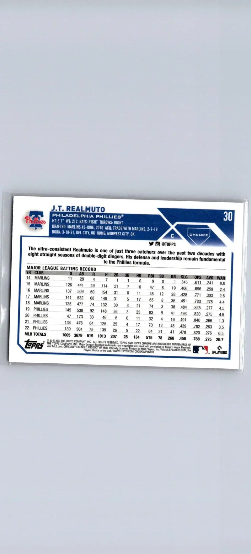 Baseball card featuring 2023 Topps Chrome J.T. Realmuto Pink Refractors statistics