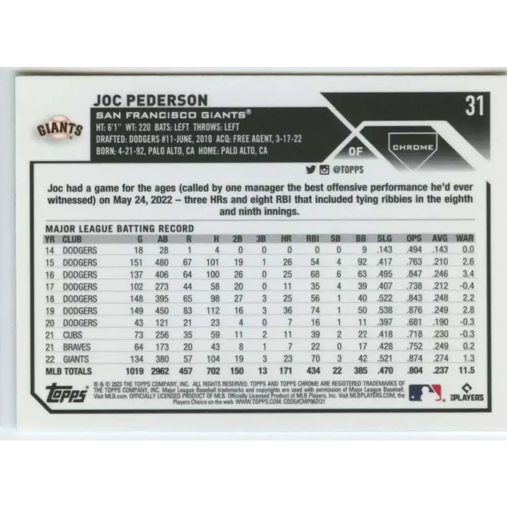 2023 Topps Chrome #31 Joc Pederson NM-MT San Francisco Giants Baseball Card - Baseball Card Single