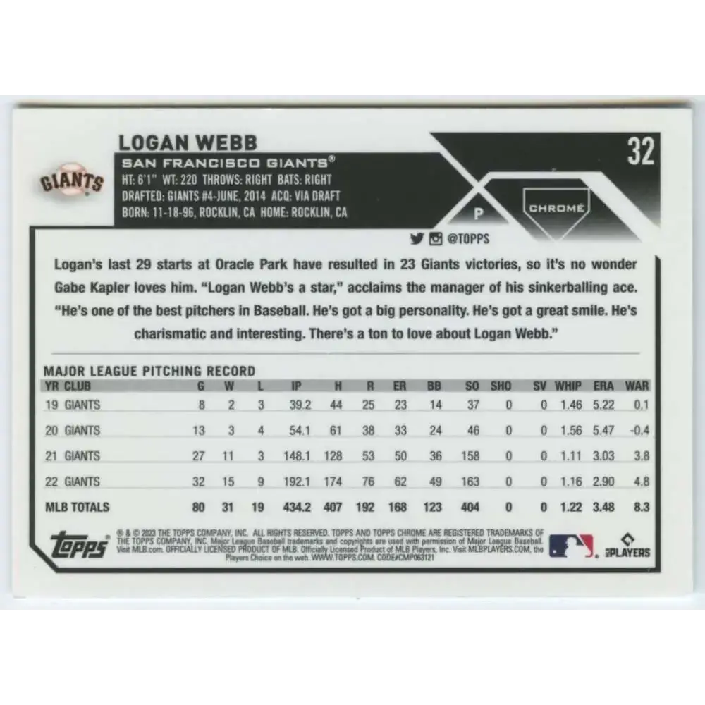 2023 Topps Chrome #32 Logan Webb NM-MT San Francisco Giants Baseball Card - Baseball Card Single