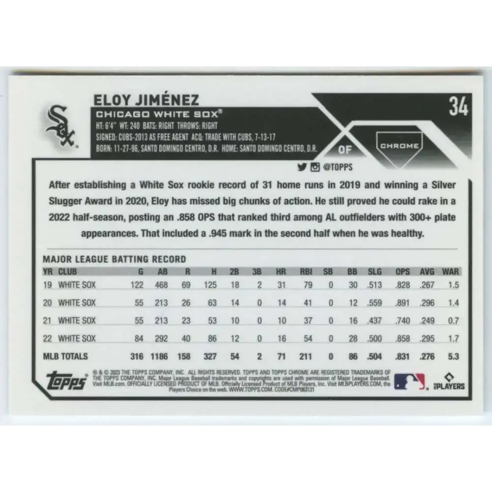 2023 Topps Chrome #34 Eloy Jimenez NM-MT Chicago White Sox Baseball Card - Baseball Card Single