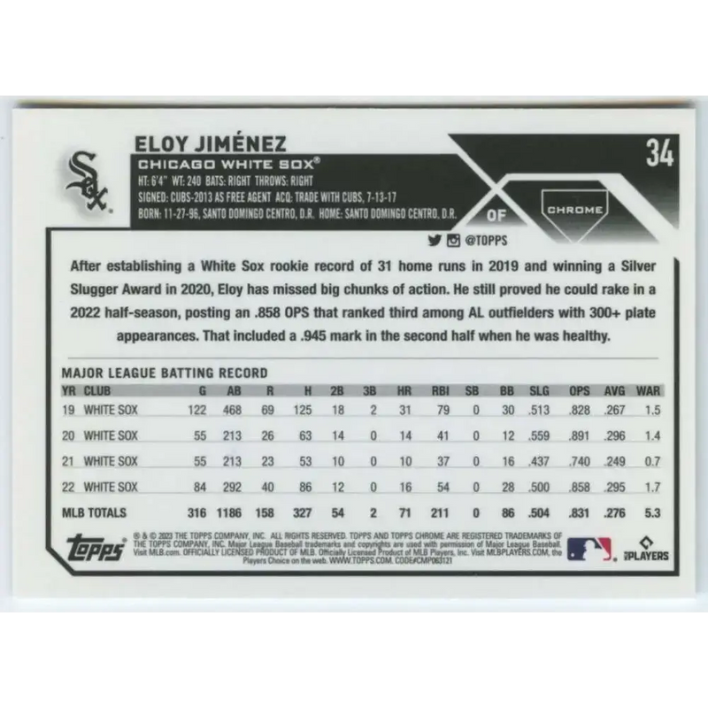 2023 Topps Chrome #34 Eloy Jimenez NM-MT Chicago White Sox Baseball Card - Baseball Card Single