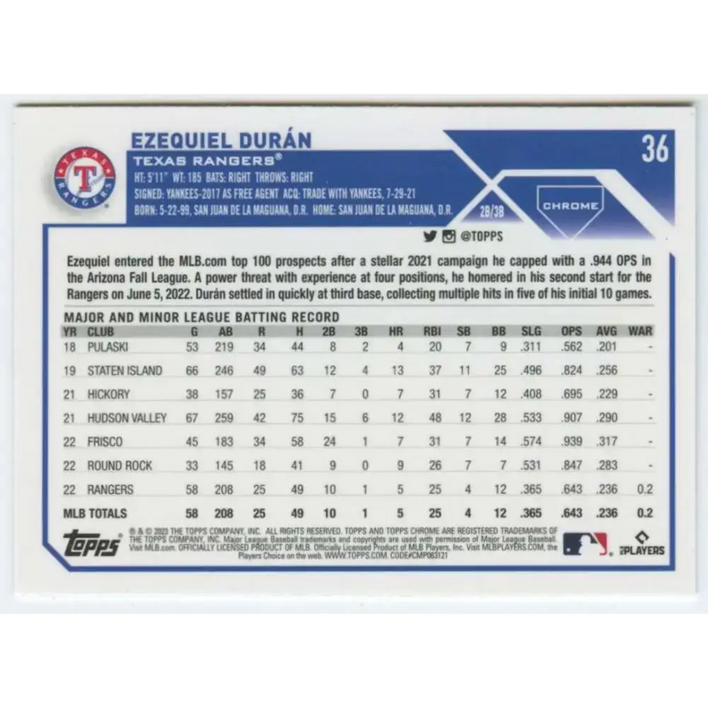 2023 Topps Chrome #36 Ezequiel Duran NM-MT RC Rookie Texas Rangers Baseball Card - Baseball Card Single