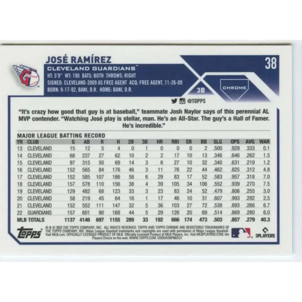 2023 Topps Chrome #38 Jose Ramirez NM-MT Cleveland Guardians Baseball Card - Baseball Card Single