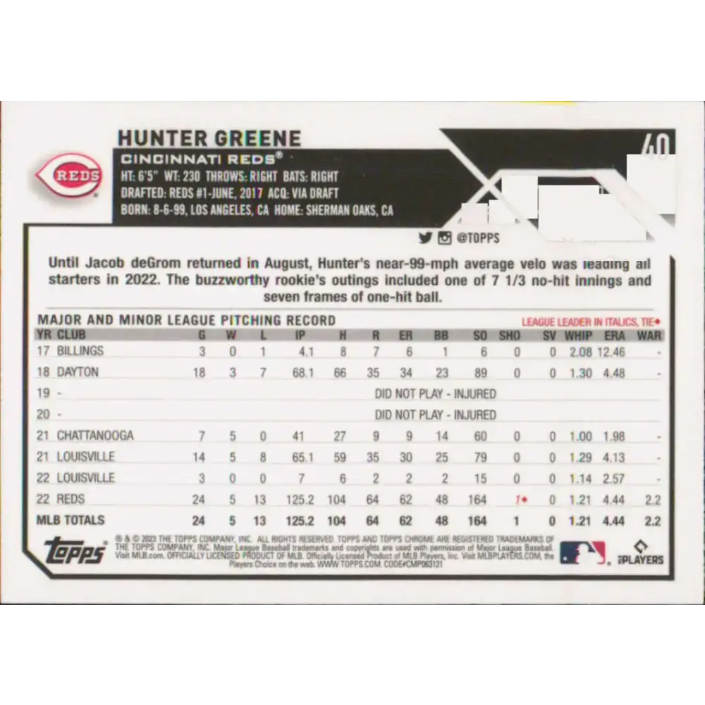 2023 Topps Chrome #40 Hunter Greene NM-MT Cincinnati Reds Baseball Card - Baseball Card Single