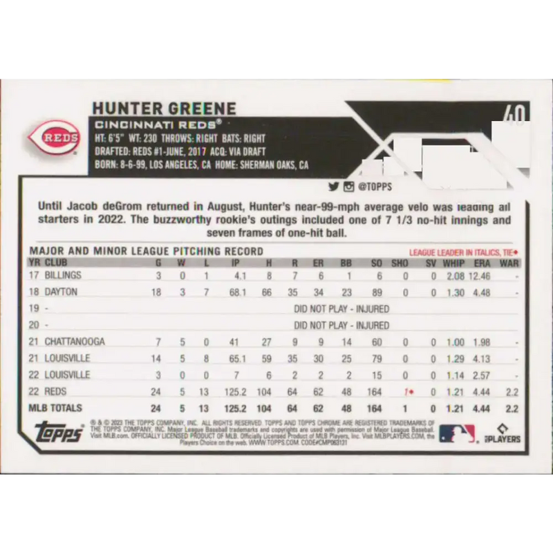 2023 Topps Chrome #40 Hunter Greene NM-MT Cincinnati Reds Baseball Card - Baseball Card Single
