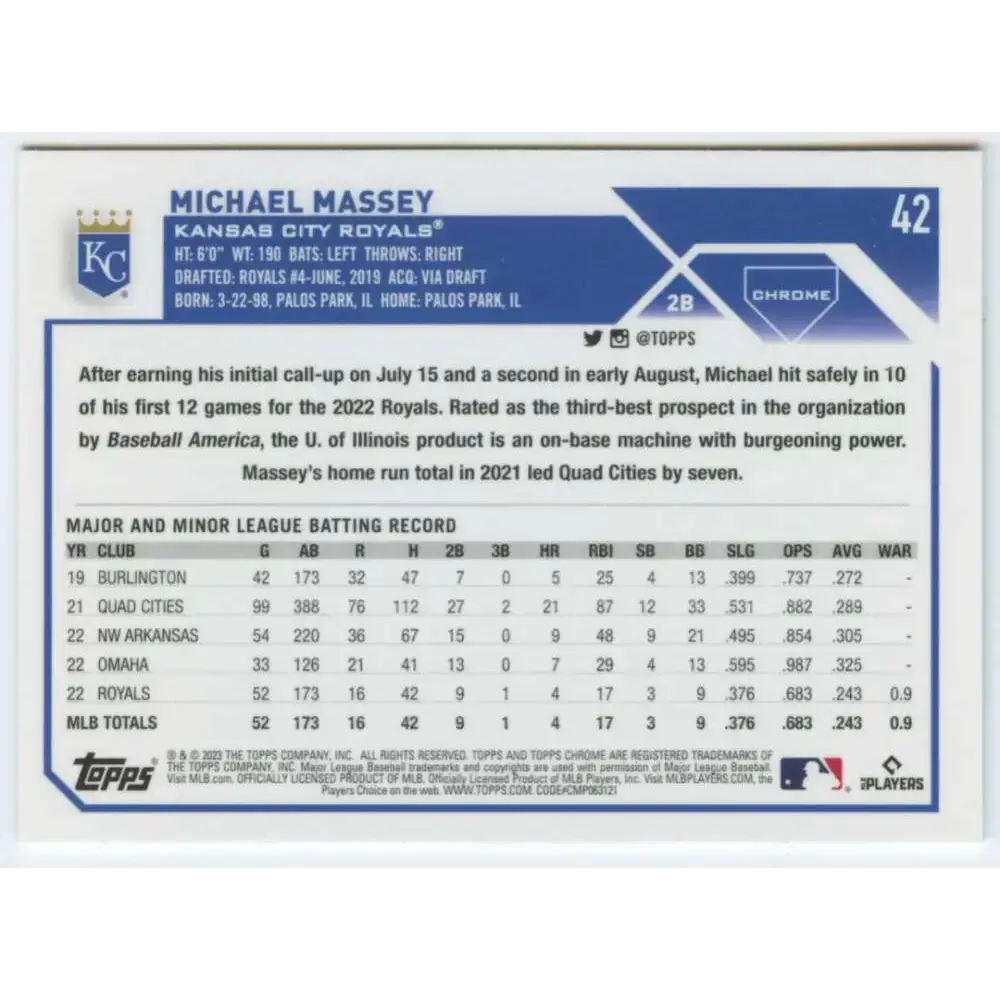 2023 Topps Chrome #42 Michael Massey NM-MT RC Rookie Kansas City Royals Baseball Card - Baseball Card Single