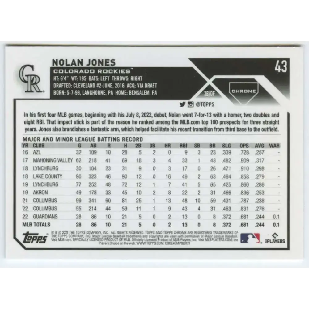 2023 Topps Chrome #43 Nolan Jones NM-MT RC Rookie Colorado Rockies Baseball Card - Baseball Card Single