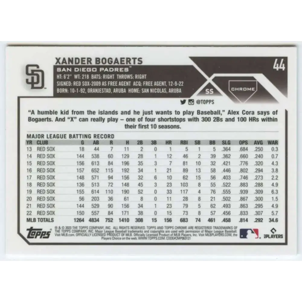 2023 Topps Chrome #44 Xander Bogaerts NM-MT San Diego Padres Baseball Card - Baseball Card Single