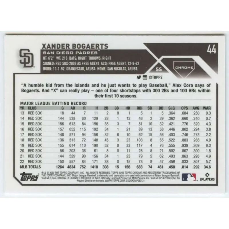 2023 Topps Chrome #44 Xander Bogaerts NM-MT San Diego Padres Baseball Card - Baseball Card Single