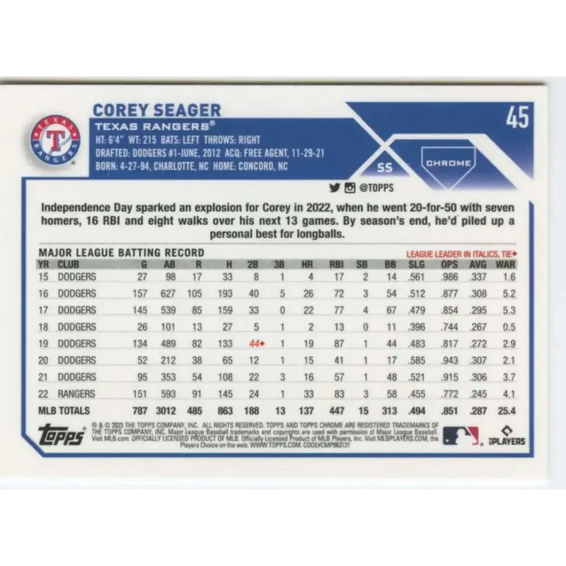 2023 Topps Chrome #45 Corey Seager NM-MT Texas Rangers Baseball Card - Baseball Card Single