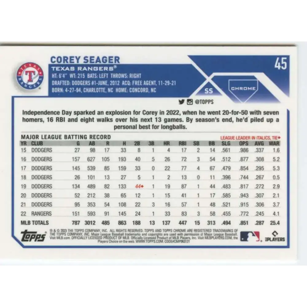 2023 Topps Chrome #45 Corey Seager NM-MT Texas Rangers Baseball Card - Baseball Card Single