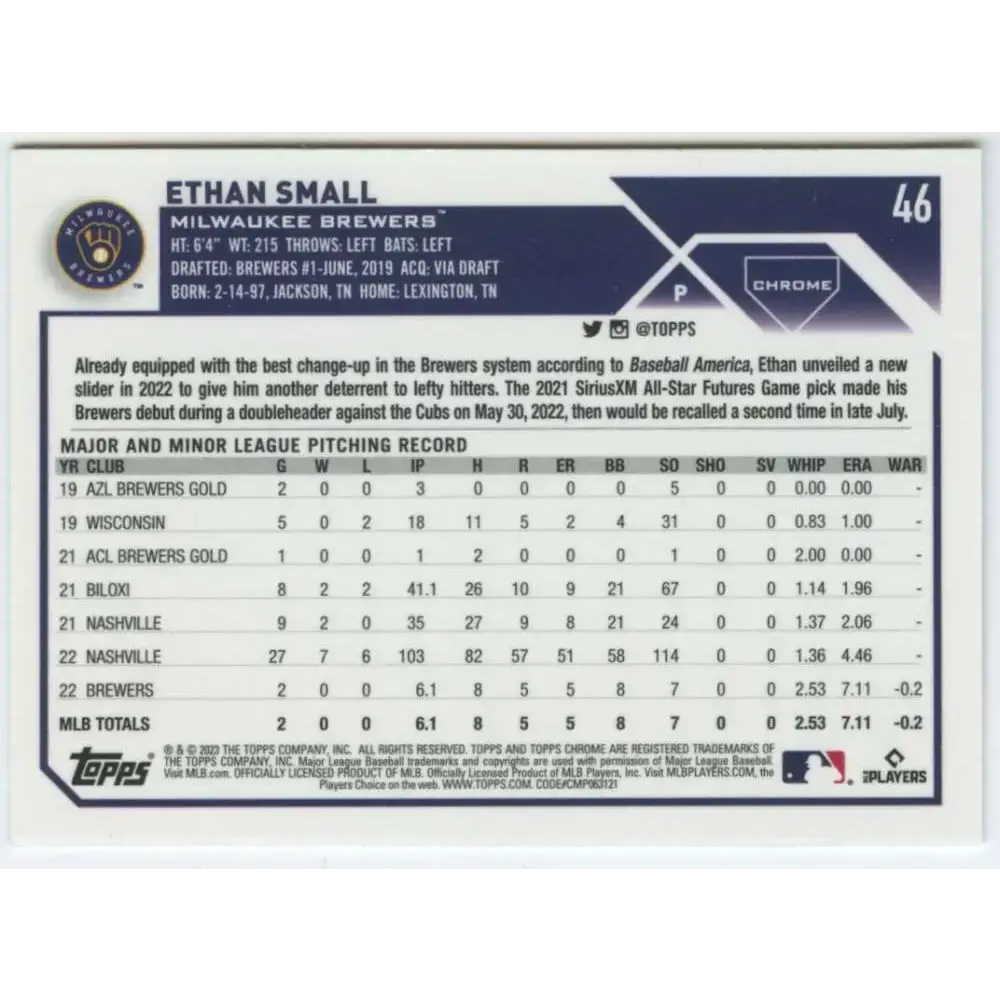 2023 Topps Chrome #46 Ethan Small NM-MT RC Rookie Milwaukee Brewers Baseball Card - Baseball Card Single