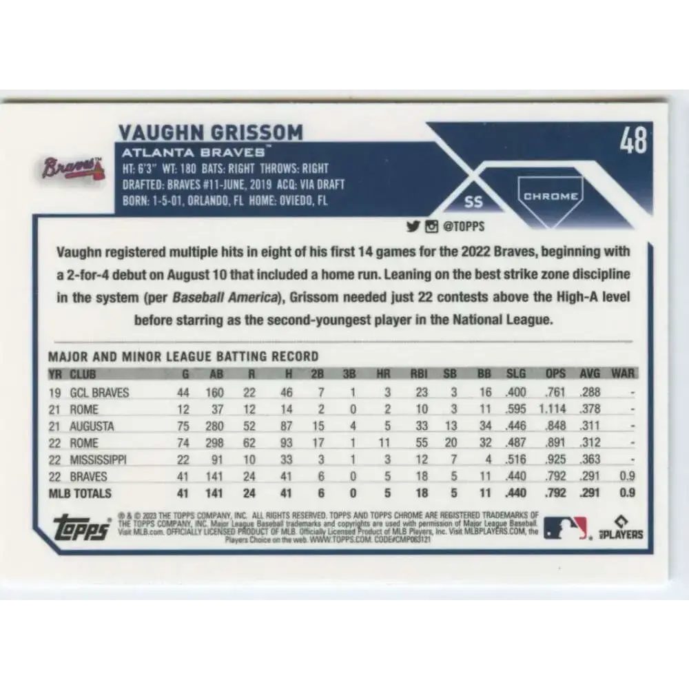 2023 Topps Chrome #48 Vaughn Grissom NM-MT RC Rookie Atlanta Braves Baseball Card - Baseball Card Single